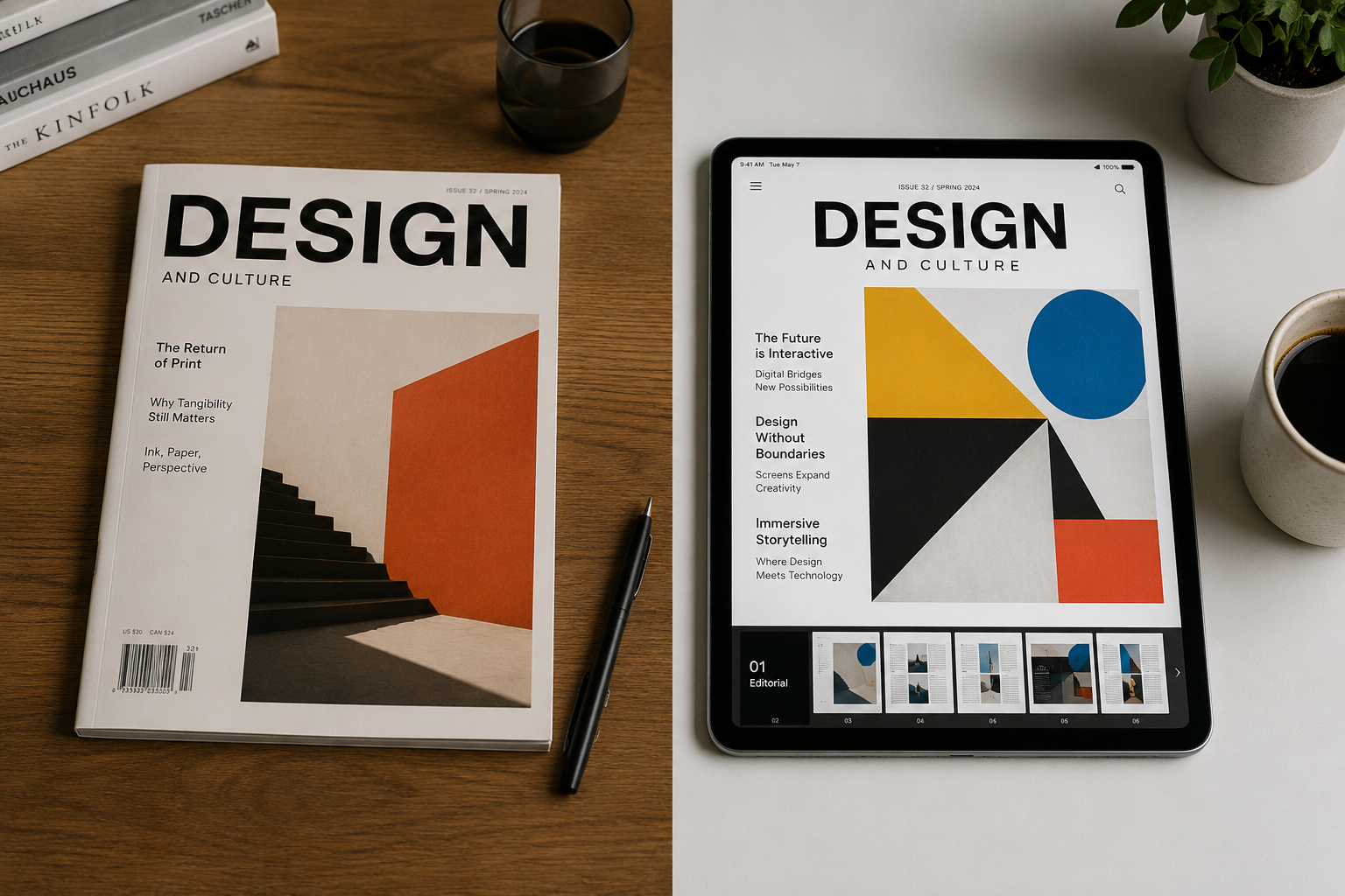 A stack of design magazines next to a tablet showing a digital publication